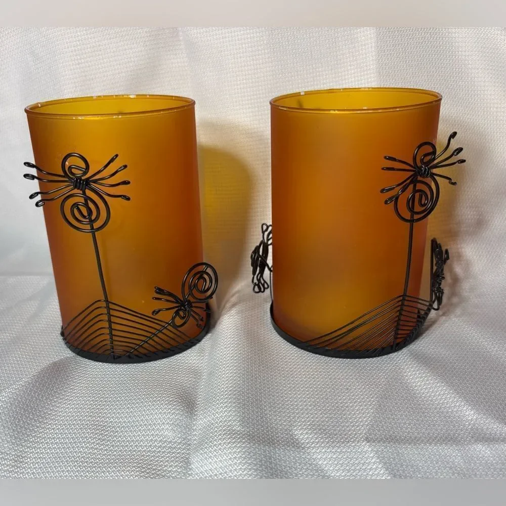 2 Orange Halloween Spiders Glass Candleholders Table Decor EPC